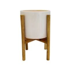 Anzio Stone White Planter With Wooden Stand H38.5Cm D24Cm