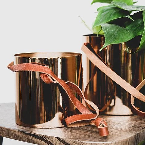 Copper Hanging Planter With Leather Strap D13Cm 4 Copper Hanging Planter With Leather Strap D13Cm - Image 2