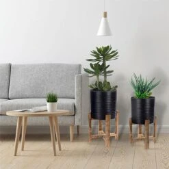 Idooka Metal Barrel Plant Pot Pair With Wooden Stands 16 Idooka Metal Barrel Plant Pot Pair With Wooden Stands -PlantHub Shop FZ30005 PLANTERS.Black .Lifestyle