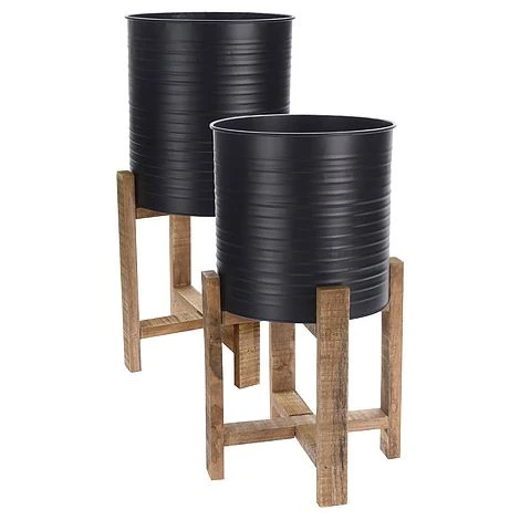 Idooka Metal Barrel Plant Pot Pair With Wooden Stands 4 Idooka Metal Barrel Plant Pot Pair With Wooden Stands - Image 2