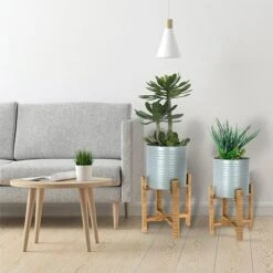 Idooka Metal Barrel Plant Pot Pair With Wooden Stands 18 Idooka Metal Barrel Plant Pot Pair With Wooden Stands -PlantHub Shop FZ30005 PLANTERS.Grey .Lifestyle
