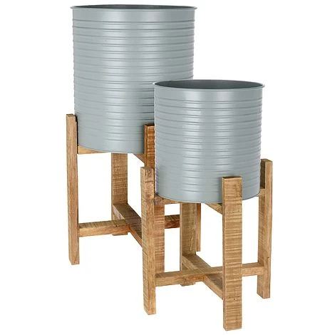 Idooka Metal Barrel Plant Pot Pair With Wooden Stands 5 Idooka Metal Barrel Plant Pot Pair With Wooden Stands - Image 3