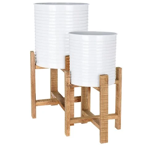 Idooka Metal Barrel Plant Pot Pair With Wooden Stands 11 Idooka Metal Barrel Plant Pot Pair With Wooden Stands - Image 9