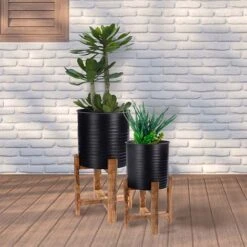 Idooka Metal Barrel Plant Pot Pair With Wooden Stands