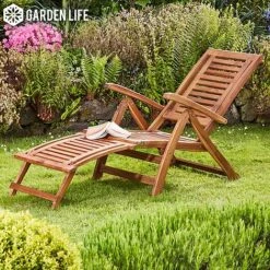 Garden Life Acacia Folding Steamer Deck Chair -PlantHub Shop G2858 Acacia Steamer Chair LS 2 logo 2000x2000px