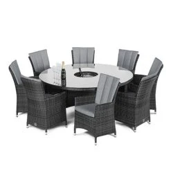 Maze Rattan LA Garden Dining Set Round With Ice Bucket 8 Seat -PlantHub Shop LA 8 Seat Round Ice Bucket grey flat weave white out 1SQ