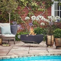 Outdoor Gemini Firebowl With Geometric Frame In Matt Black/Antique Gold H42CM W58CM -PlantHub Shop OGFB42 1