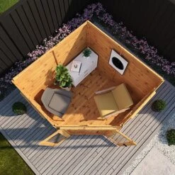 Waltons 7 X 7 Wooden Outdoor Shiplap Tongue And Groove Premier Corner Garden Summerhouse -PlantHub Shop SI 003 001 0037 7x7 Corner Summerhouse OSB Aerial W1