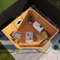 Waltons 8 X 8 Wooden Shiplap Tongue And Groove Premier Corner Summerhouse Garden Room -PlantHub Shop SI 003 001 0038 8x8 Premium Corner Summerhouse Aerial W1b