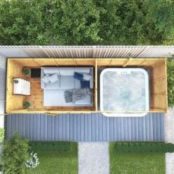 Waltons 18 X 6 Maine Pent Wooden Garden Summerhouse With Patio Area Shiplap Tongue And Groove -PlantHub Shop SI 003 001 0091 Summerhouse DT Shiplap Pent 18x6 Patio Area M1 Aerial