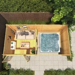 Waltons 6m X 3m Studio Pent With Outdoor Area - 28mm - Double Glazed -PlantHub Shop SI 006 002 0061 Pent Log Cabin with Patio Waltons Garden 3 Aerial