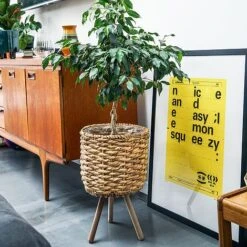 Water Hyacinth Lined Basket On Legs H45Cm D30Cm -PlantHub Shop WHBL30 2