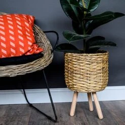 Water Hyacinth Lined Basket On Legs H45Cm D30Cm -PlantHub Shop WHBL30 3